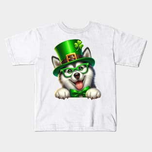 St Patricks Day Peeking Siberian Husky Dog Kids T-Shirt